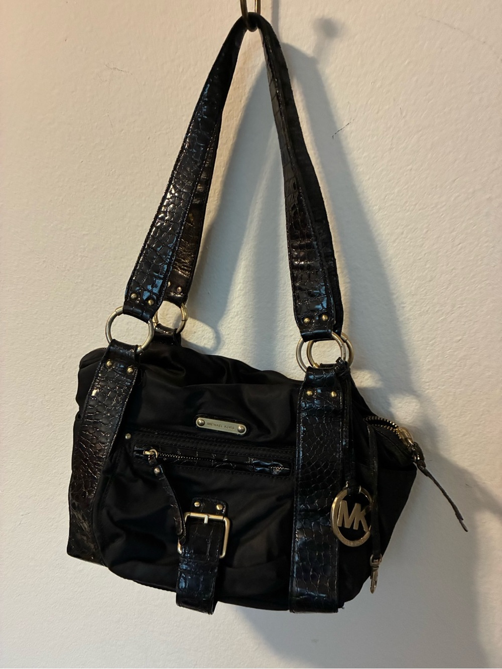 Michael Kors Black Shoulder Bag with Croc-Textured Straps and Gold Accents